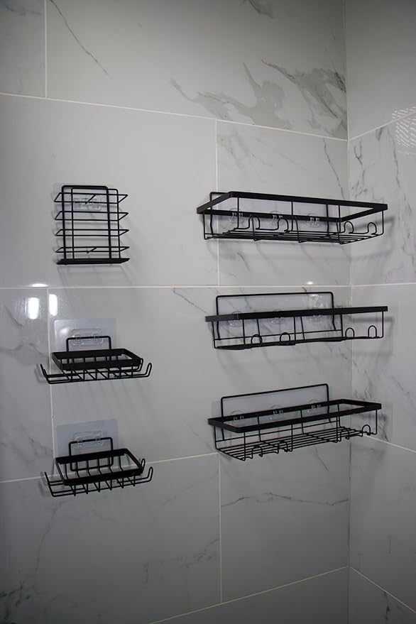 vomoni 6-Pack Adhesive Shower Caddy Organizer - Rustproof No-Drill Bathroom Shelves for Storage & Home Decor, Wall-Mounted Shower Shelf with Large Capacity, Removable Hooks, Black Corner Shower Rack
