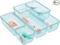 WOWBOX 6 Pack Clear Drawer Organizer Set, Acrylic Drawer Storage Trays, Storage Bins for Makeup, Cosmetics, Jewelries, Utensils, Gadgets, Office, Sea Blue