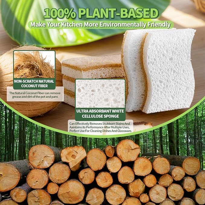Sponges Kitchen Natural Dish Sponge Plant-Based Biodegradable Compostable Cellulose with Coconut Scrubber Sponge Non Scratch Eco Friendly Kitchen sponges for Kitchen Dishes（Pack of 16）