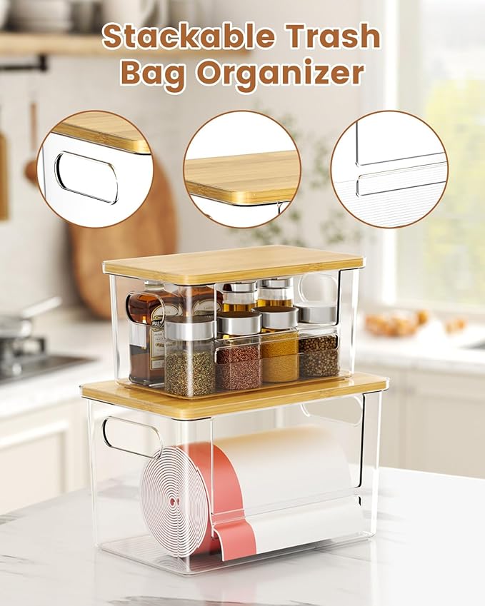 Trash Bag Dispenser 2-Pack, Stackable Trash Bag Holder with Bamboo Lid – Clear Plastic Garbage Bag Organizer for 13/30/33 Gal Bags, Space-Saving Under Sink Organizer for Kitchen, Laundry, Pantry