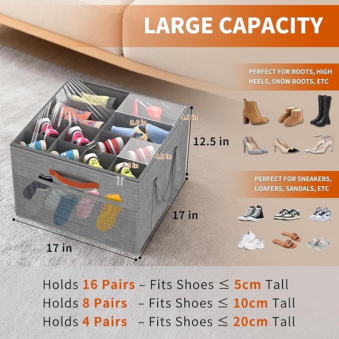 Aokeyee 2 Pack Shoe Organizer for Closet, Foldable Shoe Storage Organizer Box w/Clear Cover and 4 Reinforced Handles, Space Saving Shoes Bin Fits up to 32 Pairs, Grey
