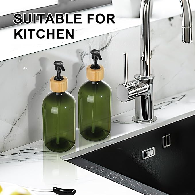Green Soap Dispenser, Plastic Bathroom Soap and Lotion Dispenser Set with Bamboo Pump, 2 Pack 17 Fl Oz Hand and Dish Soap Dispensers Set for Bathroom, Refillable Liquid Soap Bottles