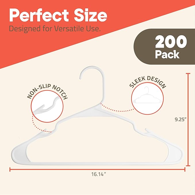 White Plastic Hangers 200 Pack– Heavy-Duty Plastic Hangers Slim and Space-Saving, Durable and Lightweight PP with Non-Slip Shoulder Notches for Slip Dresses, Suits, Jackets & Camisoles