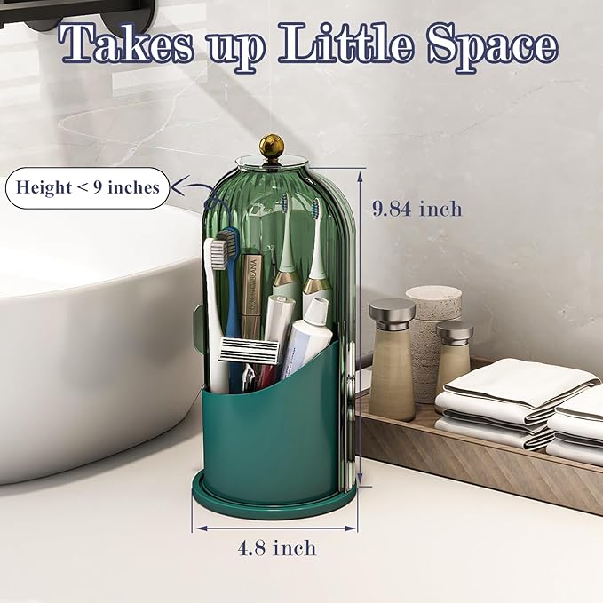 Zufudo Dustproof Toothbrush Holders with Cover, Rotating Electric Toothbrush and Toothpaste Holder for Bathroom Countertop, 3 Slots Makeup Brushes Organizer, All Green