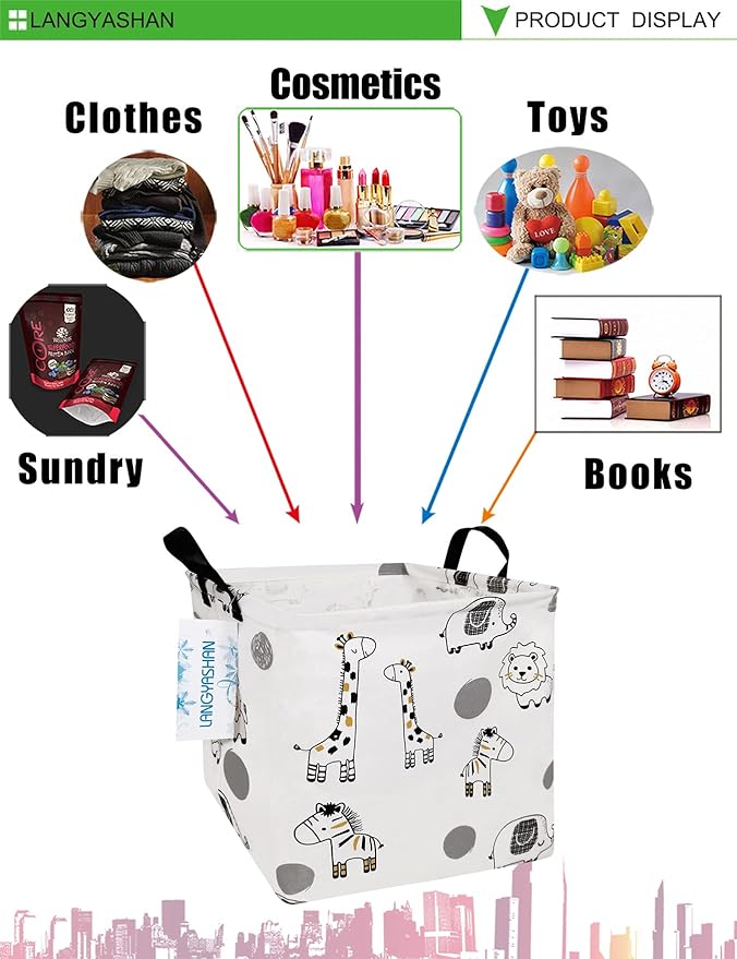 LANGYASHAN Square Storage Baskets Waterproof Canvas Children Laundry Nursery Hamper for Shelves Gift Baskets Toy Organizer Room Decor (Square full animal)