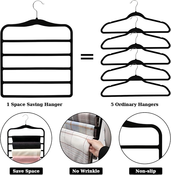 Closet Organizers and Storage,3 Pack Velvet Pants-Hangers-Space-Saving,Non Silp 5 Tier Scarf Jeans Organizer,Dorm Room Essentials for College Students Girls Boys Guys,Organization and Storage