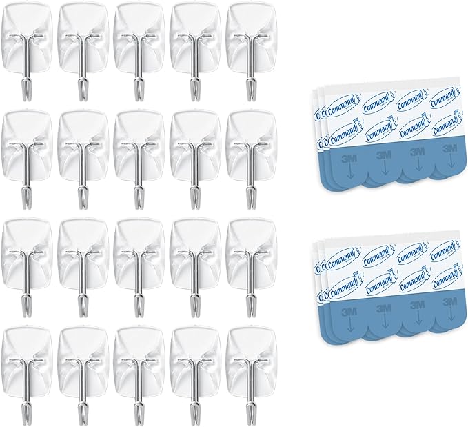 Command Small Clear Wire Toggle Hooks, 20 Count with 24 Strips, Damage-Free Adhesive for Wall Hanging and Storage, Holds up to 0.5 lb