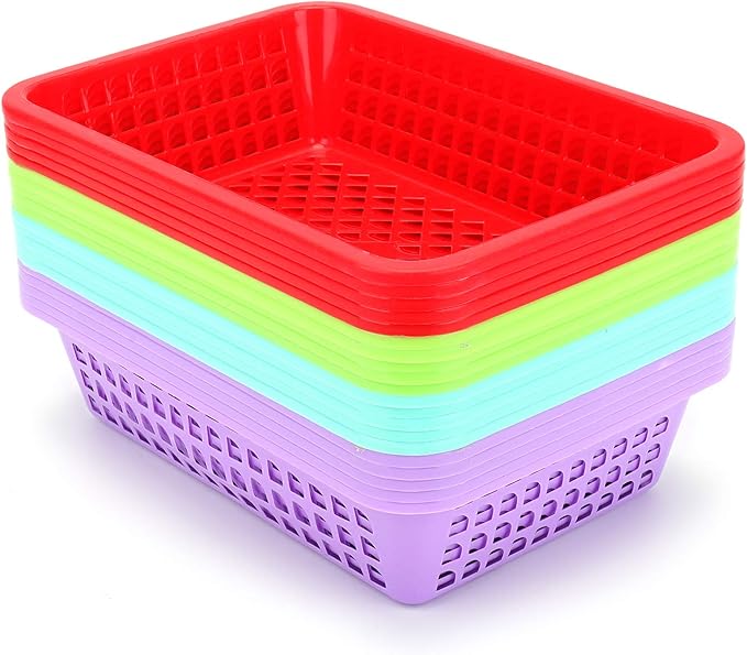 Jucoan 20 Pack Classroom Storage Baskets,10 x 7 x 2.5 Inch Colorful Stackable Desktop Plastic Storage Organizer Tray, Pen Pencil Paper Organizer Tray for School Office Library