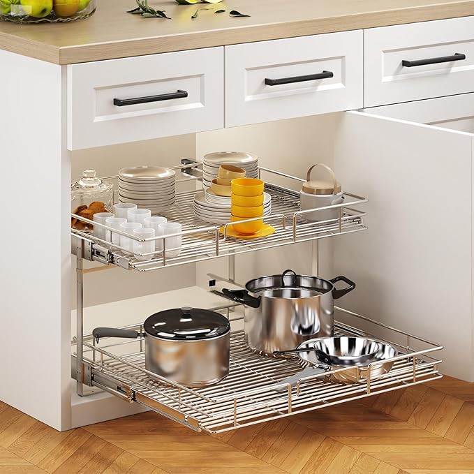 MODCART 2 Tier Individual Pull Out Cabinet Organizer 31½" W x 21½" D, Heavy Duty Cabinet Pull Out Shelves, Slide Out Drawers Organization for Kitchen Cabinets Bathroom