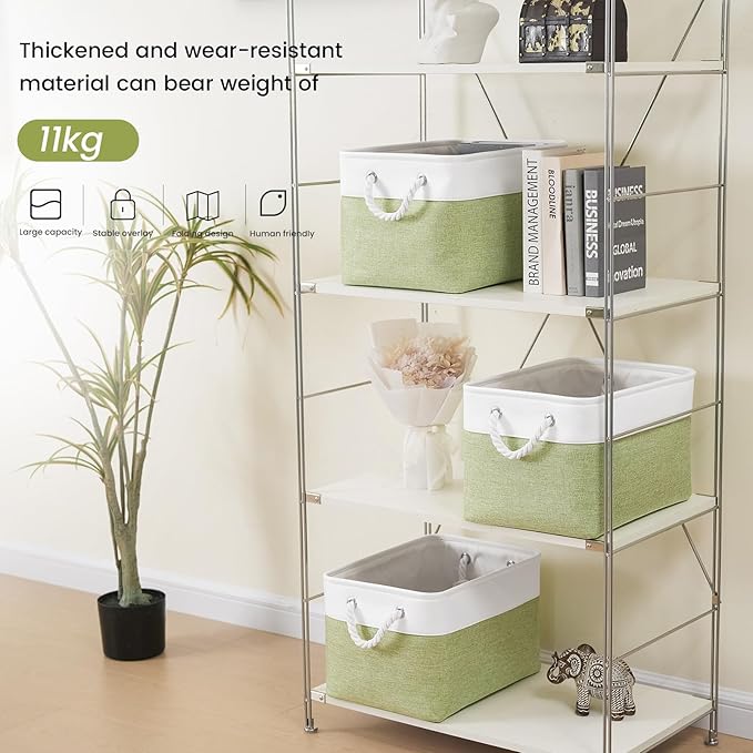 Large Storage Baskets- 15x11x10 inch Storage Bins for Shelves and Closet Organizing, Foldable Fabric Bin for Home Organization Clothes and Laundry (6-Pack, White&Green)