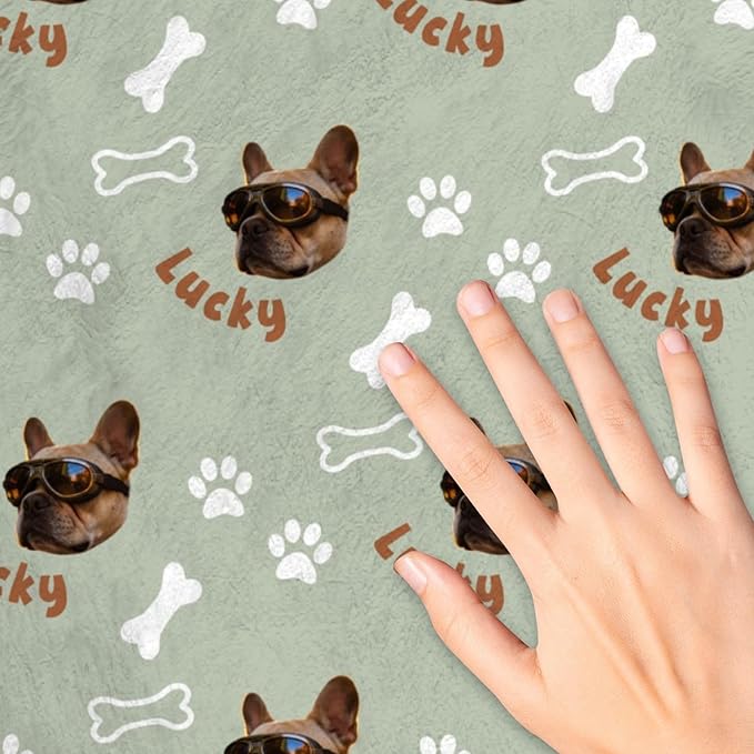 Custom Blanket with Funny Dog Face & Name Personalized Soft Warm Fleece Throw Blankets with Paw Bones Customized Throws for Couch Bed Sofa Unique Gifts for Dog Dad Mom Pet Lovers
