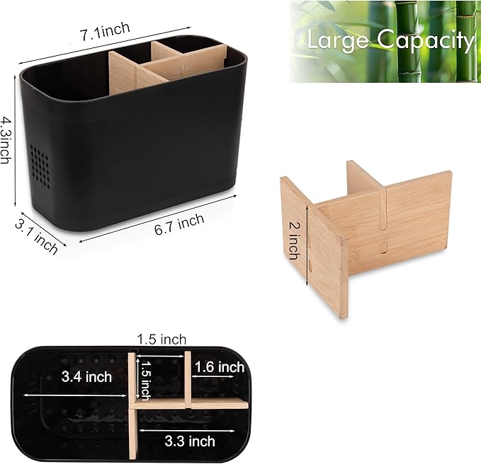 Toothbrush Holders for Bathrooms, Electric Tooth Brush Holder with Bamboo Dividers Kids Toothbrush and Toothpaste Organizer for Bathroom Countertop Accessories Storage, 4 Slots, Black