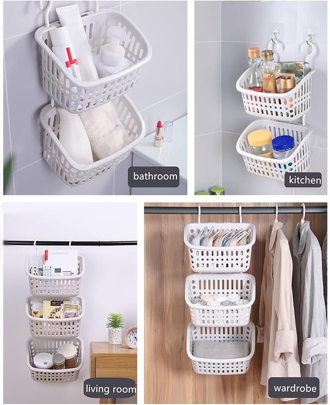 3PCS Plastic Hanging Baskets for Shower, Hanging Basket Organizer with Hooks, Rectangle 10.6Inches Small Hanging Storage Basket (Grey)