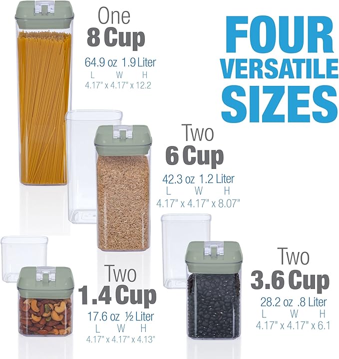 Set of 7 Airtight Food Storage Containers - Pantry Organizer Bins, BPA Free Plastic Containers plus Dry Erase Marker and Labels, Olive Green