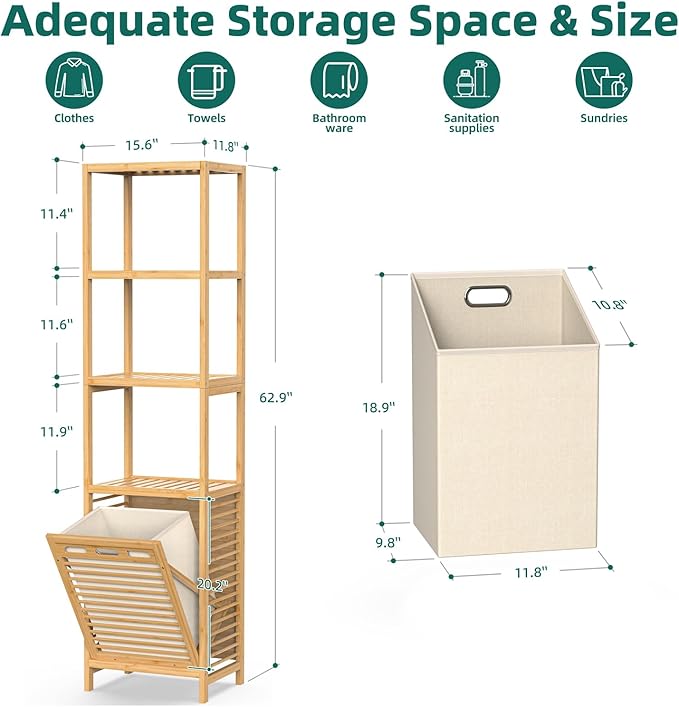 Bamboo Tilt Out Laundry Hamper, 4-Tier Tilt Out Hamper for Laundry with Shelf & Removable Clothes Basket - Can Convert to 2-Tier Pull-Out Laundry Hamper & 2 Tier Freestanding Shelf, Beige