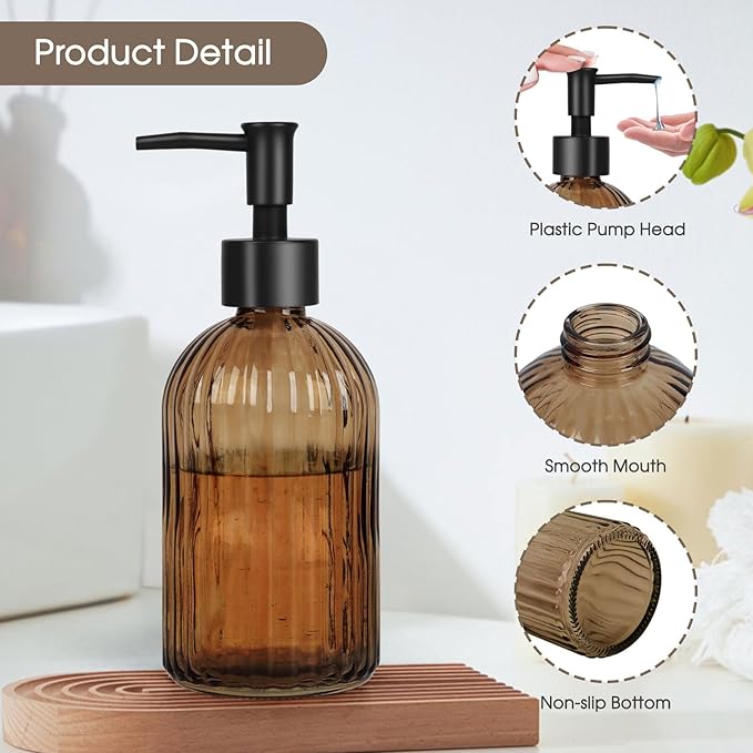 Topsky 2 Pack Glass Soap Dispenser with Black Plastic Pump, 400ml Liquid Hand Soap Dispenser, Rustproof Pump for Kitchen & Bathroom, Great for Lotions, Essential Oil, Liquid Soaps-Amber