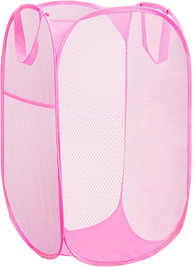 Portable Mesh Pop Up Laundry Hamper Pink Vertical Collapsible Laundry Basket With Strong Handles for Easy Storage, Suitable for Bedroom, College Dorms, Travel, RV