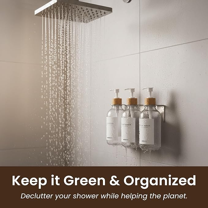 MaisoNovo Shampoo and Conditioner Dispenser - Shower Soap Dispenser Wall Mounted - 16.9 fl oz Set of 3 Clear Plastic Bottles White Bamboo Pump - Shampoo Dispenser, Shower Dispenser 3 Chamber No Drill