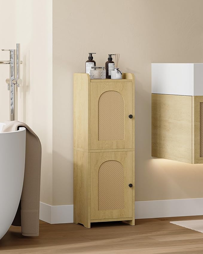 Bathroom Storage Cabinet, Small Corner Floor Cabinet with 2 Doors and Adjustable Shelf, Narrow Toilet Paper Cabinets, Bathroom Organizer for Small Spaces, 7.9" D x 9.8" W x 29.5"Rattan Yellow