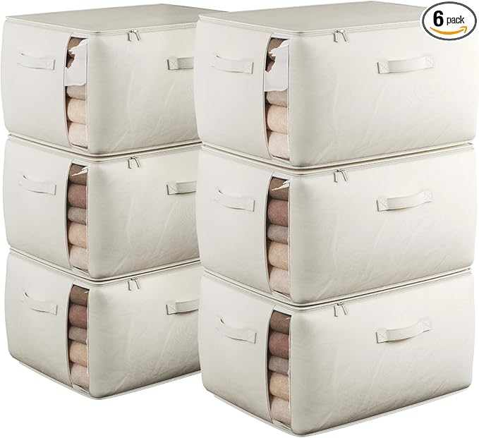 TomVista Large Canvas Clothes Storage Bags with Thick Handles and Clear Window, Foldable Cotton Linen Closet Organizer for Clothing, Blankets and Bedding, 70L, 6 Pack, Beige
