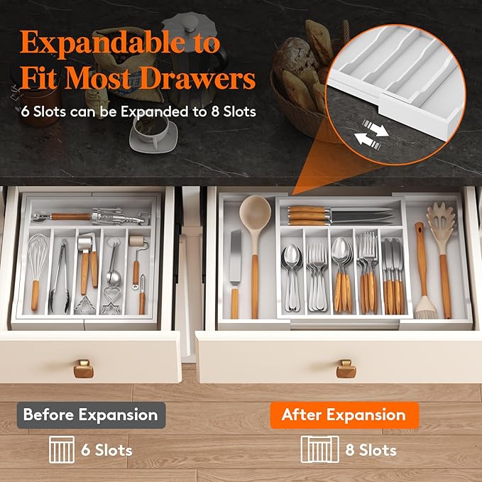 Lifewit Silverware Drawer Organizer, Expandable Utensil Tray for Kitchen, Flatware and Cutlery Holder, Wood Adjustable Storage for Spoons Forks Knives, 13-22x15/ 33-56x38cm, White