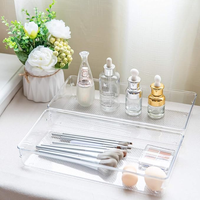 ihomecooker 3 Pack Large Clear Plastic Drawer Organizer Tray Cutlery Utensil Makeups Drawer Organizers 12" X 6"