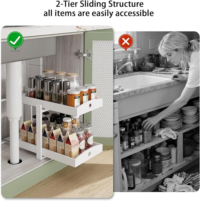 2 Pack Under Sink Organizer, Bamboo Wooden 2-Tier Pull-Out Storage with Sliding Drawers for Kitchen and Bathroom Cabinets, Easy Installation (White)