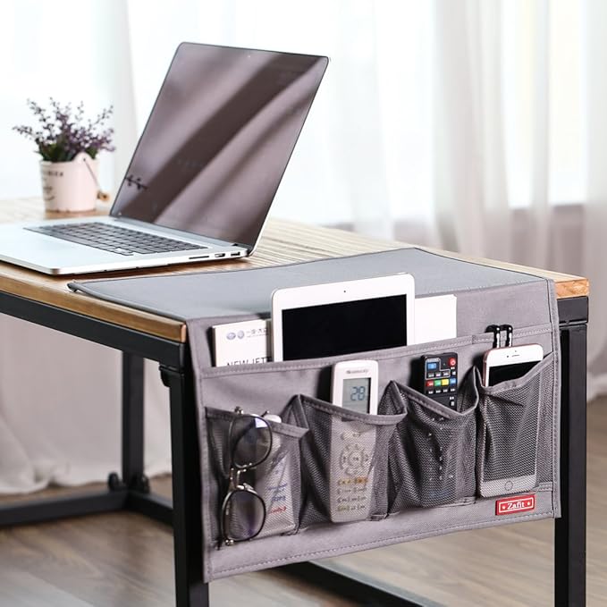 Zafit Bedside Storage Organizer - 6 Pockets, Table Cabinet Caddy for Remotes, Phone, Glasses (Grey)
