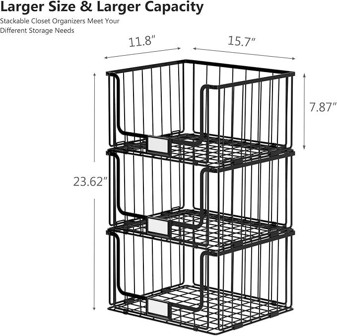 3-Tier Stackable Closet Organizers and Storage, Clothes Shelf Organizer, Foldable Wire Basket Bins, Sweater Storage for Closet and Pantry,11.8" D x 15.7" W, Black