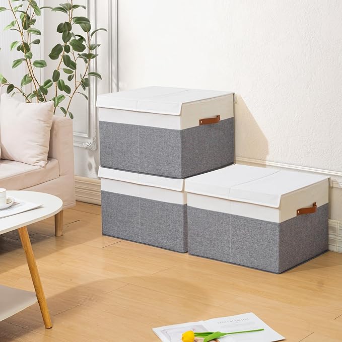 Shoe Storage Box for Closet Fits 16 Pairs, Large Shoe Organizer Box Bin Containers with Lid and Adjustable Dividers for Sandals, High Heels, Sneakers (Grey and White)