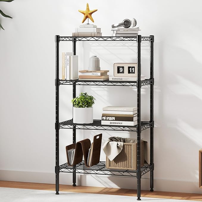 DUMOS 4-Tier Metal Wire Storage Shelves, Adjustable Standing Storage Rack Shelf, Heavy Duty Steel Shelving Unit Organizers for Kitchen Bathroom Pantry Garage, 23.2" W×13.4" D×47.2" H, Black