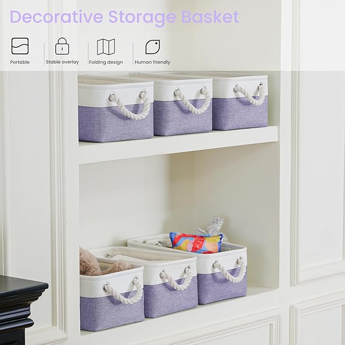 Storage Baskets for Shelves 11.8x7.9x5.2 Inch, Foldable Fabric Storage Bins with Handles, Small Storage Baskets for Organizing Closet, Office, Home Organization (6-Pack, White&Purple)