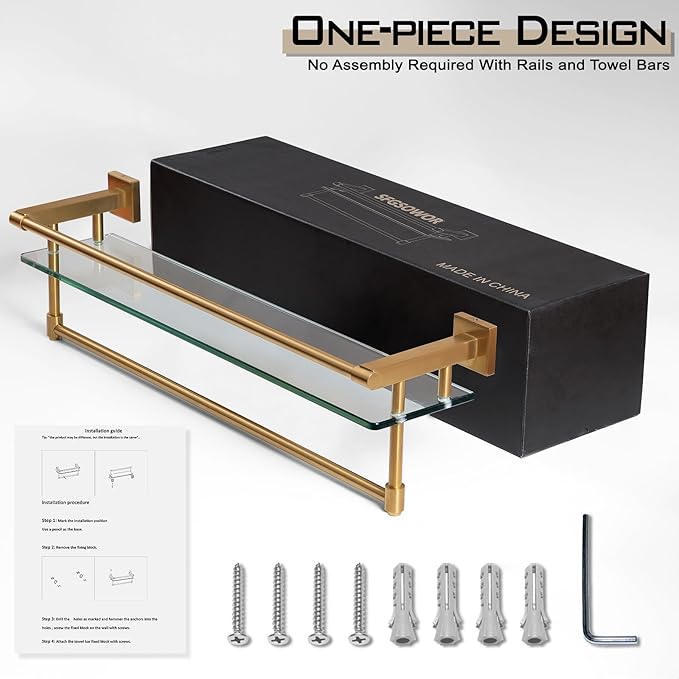SFGSOWOR Bathroom Glass Shelf with Towel Bar/Rack 24 inches Wall-Mounted Shelves Tempered Glass Sink Toilet Organizer Shower Towel Decorative Storage (Polished Gold Finish)