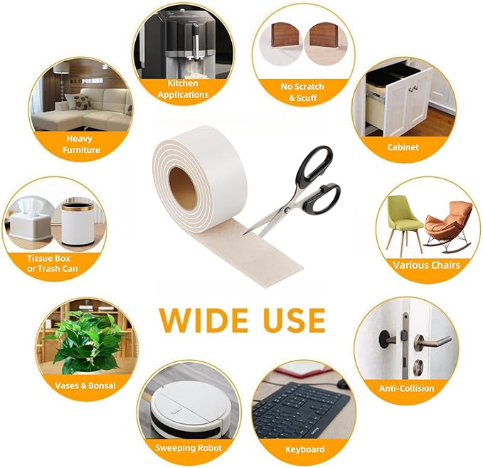 Felt Strips with Adhesive Backing – Furnigear Heavy Duty Cuttable Felt Tape Roll Furniture Pads for Chair Legs - Protecting Hardwood Floors, Chair Wall Protector (Beige, 120 x 2 x 0.14 Inch)