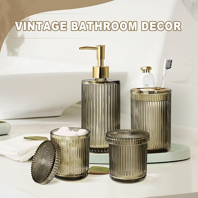 Brown Glass Bathroom Accessories 4 Pcs, Brown Bathroom Set, Soap Dispenser and Toothbrush Holder Set, Qtip Holder Set, Vintage Bathroom Sink Set, Modern Bathroom Decor