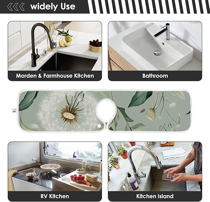 Sink Faucet Absorbing Mat Kitchen Sink Splash Guard Splash Faucet Drip Catcher for Bar RV Bathroom 2PCS 23.6x5.5in Sage Green Dandelion