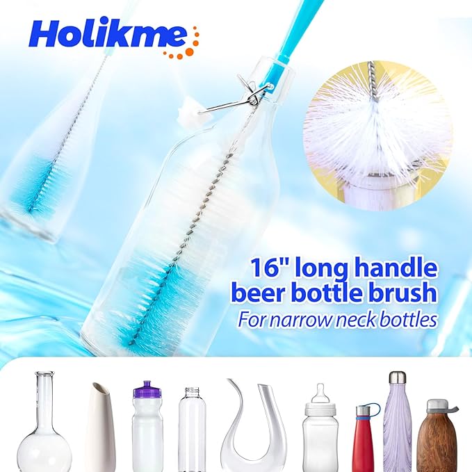 Holikme Bottle Brush Tube Cleaning Lab Set with Long Handle, Cup Cleaner for Washing Narrow Neck Beer Wine Decanter Pipes Lids Sinks Cap Covers, Pink