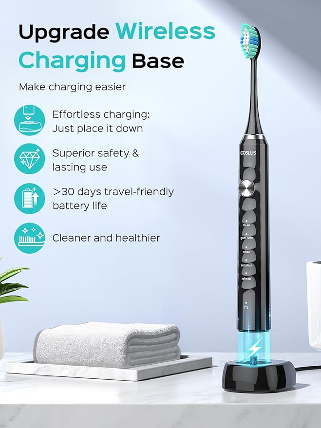COSLUS Sonic Electric Toothbrush for Adults C40(DY-108Pro): 47000 VPM for Deep Cleaning with Travel Case - 5 Modes for Sensitive Teeth & Brace, Wireless Charging, 6 Brush Heads for Family, Black (1PC)