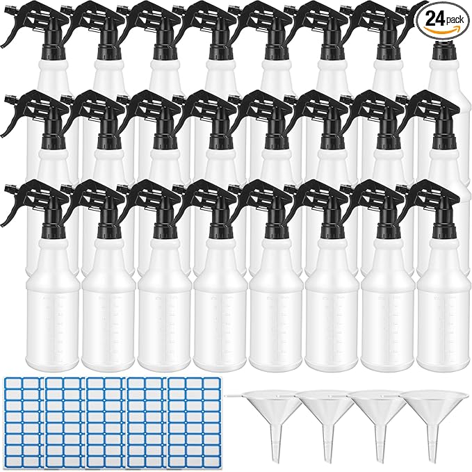 Zubebe 24 Pack 32 oz Plastic Spray Bottle Bulk Empty Leakproof Heavy Duty Spray Bottles for Cleaning Supplies Mist Bottles with Label and Adjustable Nozzle for Plant(Black,Clear Scale)