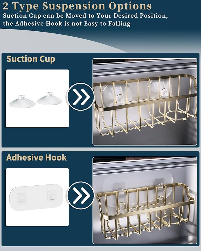 Consumest Sponge Holder Sink Caddy - Ladder Shaped Sponge Holder for Kitchen Sink with 2 Installation Ways (Suction Cups & Adhesive Hook), Rustproof Stainless Steel Kitchen Organizer, Gold