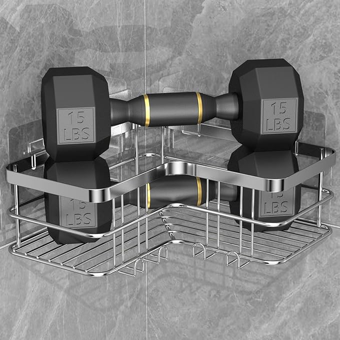 Yazoni Corner Shower Caddy, 4-Pack Adhesive Shower Shelves with Soap Holder No Drilling, Rustproof Bathroom Shower Organizer Storage, Silver