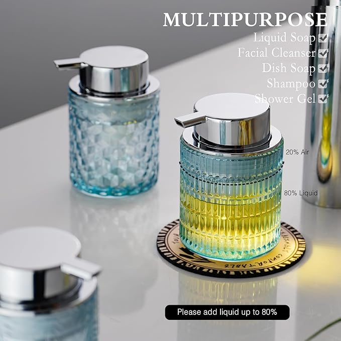 Glass Foam Soap or Lotion Dispenser, Refillable Liquid Dispenser with Large Silver Pump (Striped Pattern-Blue)