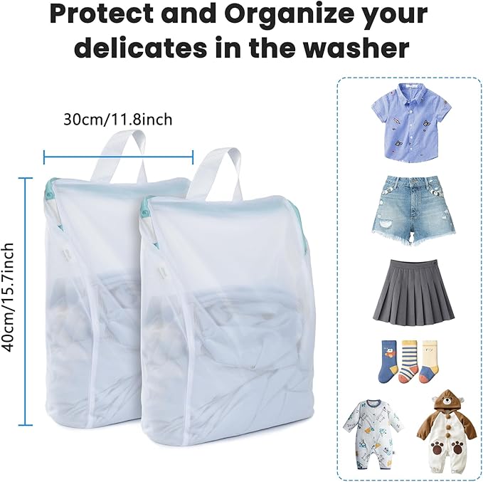 OTraki 12x16 Inch Mesh Laundry Bag 2 Pack Small Lingerie Bags with Handle and Zipper Fine Mesh Bags Delicate Washable Laundry for Home Colleage Travel Don't Drying, Melting 140-176℉, White