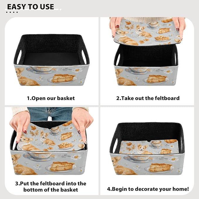 Grey Corgis Autumn Leaves Cake Closet Storage Bins 2 Pcs Felt Open Home Storage Containers Organizer with Handles Collapsible Shelf Basket for Home Office Craft Room Classroom Fabric