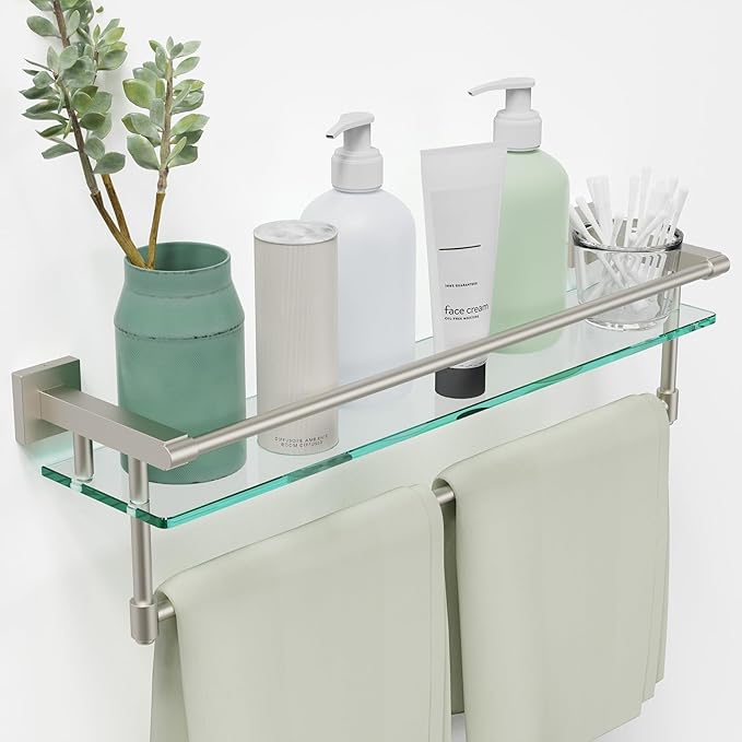 SFGSOWOR 24-Inch Modern Wall-Mounted Bathroom Glass Shelf with 1 Shelf, Brushed Nickel, 1 Towel Bar, 45 lbs Weight Capacity