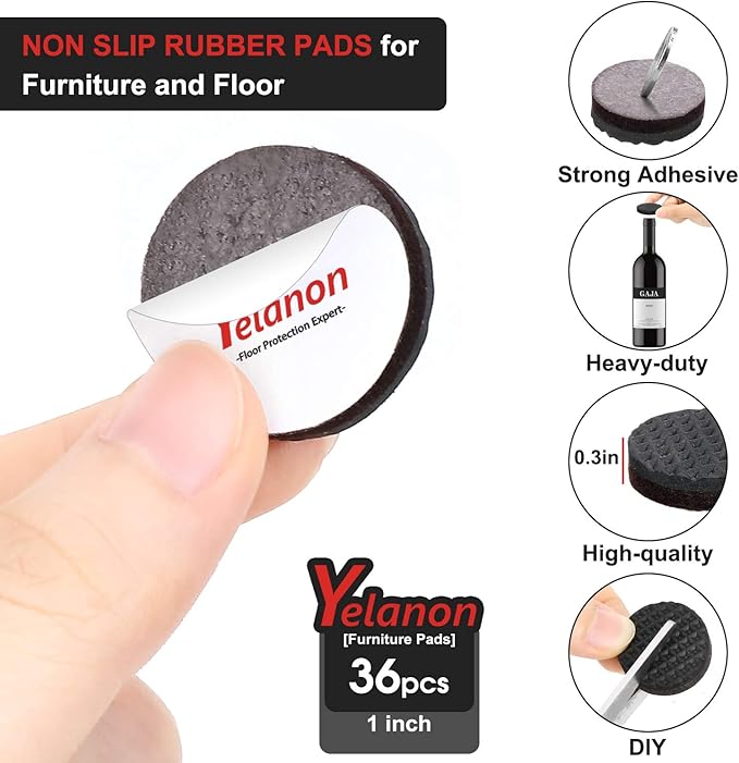 Yelanon Non Slip Furniture Pads - 48 pcs 1" Felt & EVA Furniture Grippers, Black, Round, Anti Slide Hardwood Floor Protector