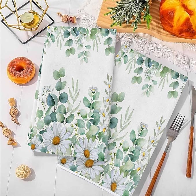 Kitchen Towels Set of 2, Green Eucalyptus Leaves Soft Microfiber Dish Towels, Summer Botanical Watercolor Daisy Absorbent Washable Dishcloths for Kitchen Cleaning, Drying Dishes, 18x28 Inches