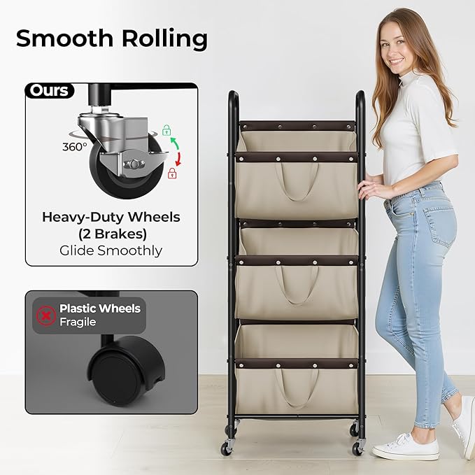 GRANNY SAYS 3 Tie Laundry Sorter, Laundry Basket with Wheels, Laundry Room Organization and Storage, 3 Section Rolling Laundry Cart for Dorm, Bathroom, Bedroom, Closet, Light Khaki