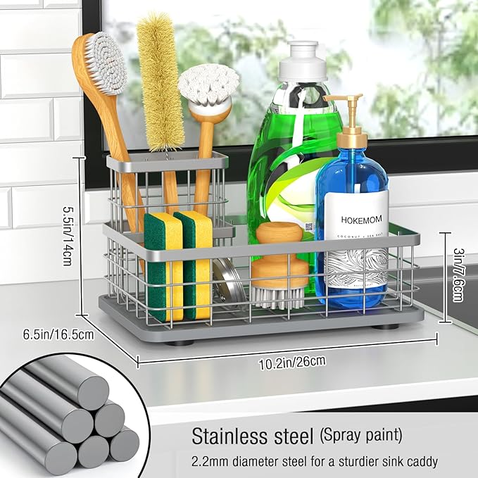 EXTRA LARGE Kitchen Sink Caddy Organizer, [FLEXIBLE PLACEMENT & FAST-DRYING] Sponge Holder for Kitchen Sink Countertop,Stainless Steel with Rust-Resistant Coating-10.24" L x 6.5" W x 5.83" H