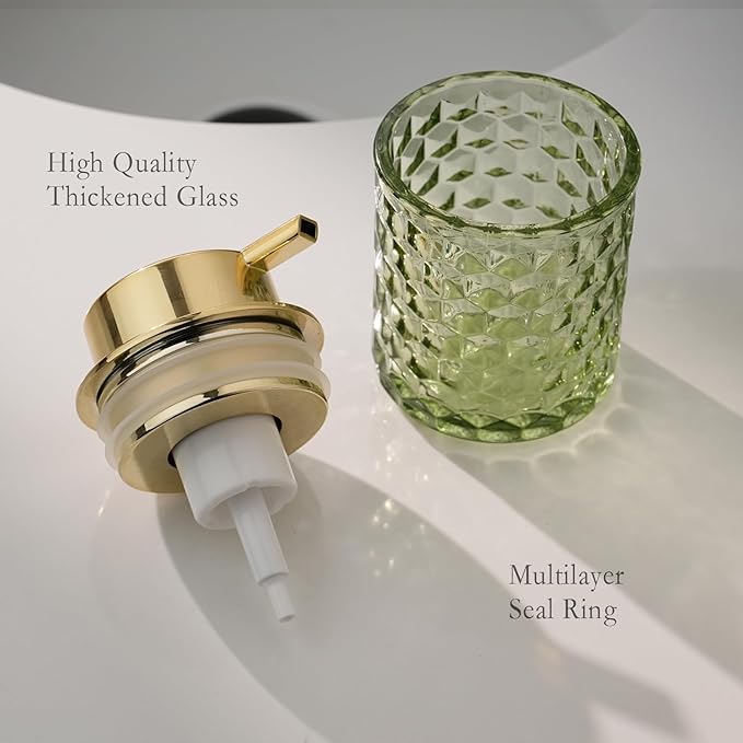 Hand Soap Dispenser Glass, Refillable Liquid Dispenser for Bathroom & Kitchen,Lotion Dispenser with Large Gold Pump（Diamond Pattern-Green）